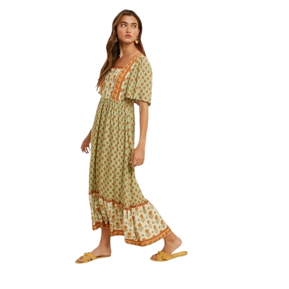 In Loom Boho Contrast Square Neck Mix Print Lace Trim Peasant Maxi Dress Medium - Picture 11 of 11